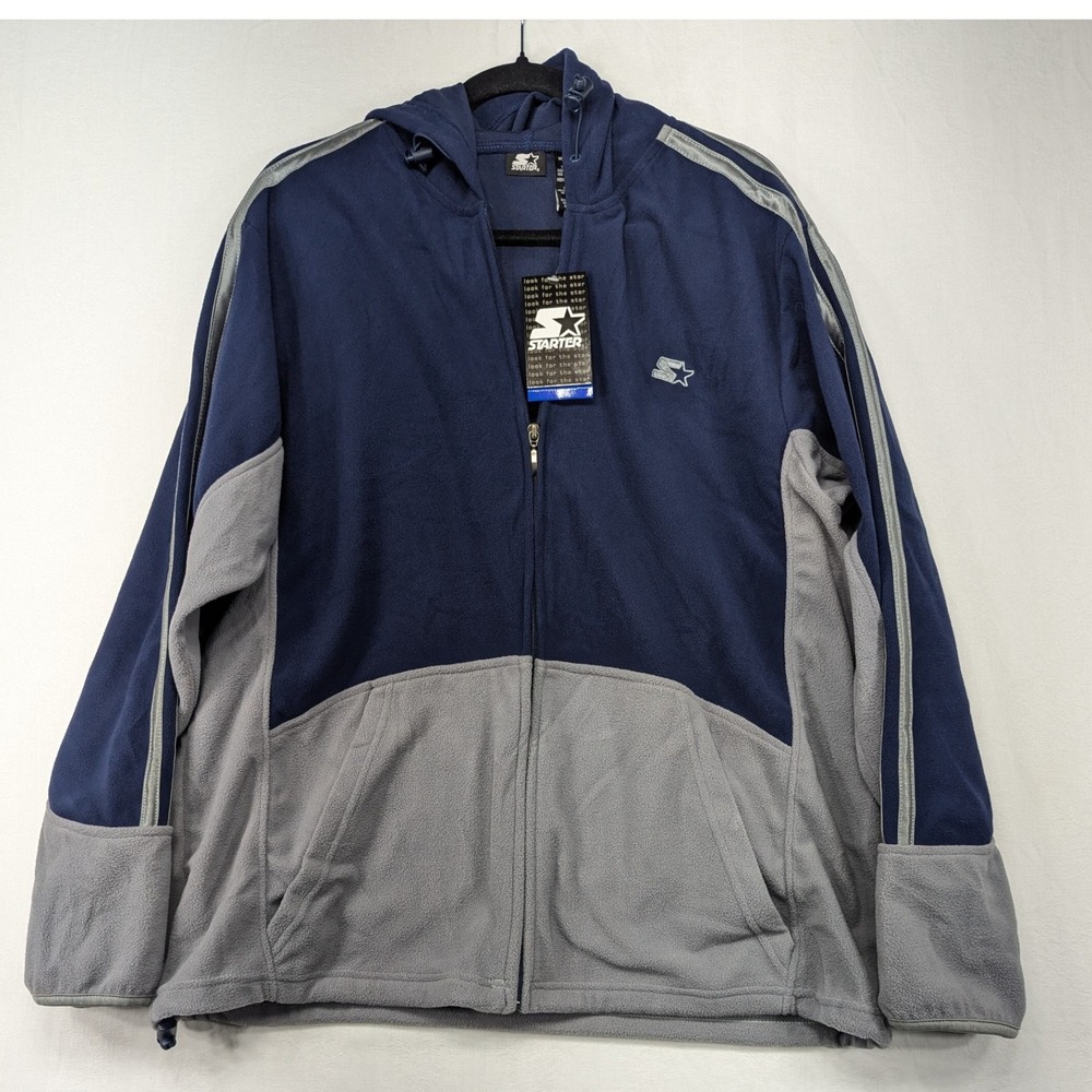 Starter Mens Medium Full Zip Fleece Hoodie Jacket Gray Blue Striped